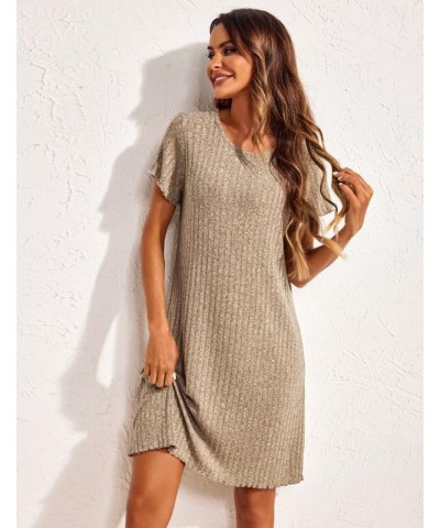 Women's Nightgown Short Sleeve Sleepshirt Rib Knit Scoopneck Soft Sleepwear Pajama Dress S-XXL Khaki $10.59 Sleep & Lounge