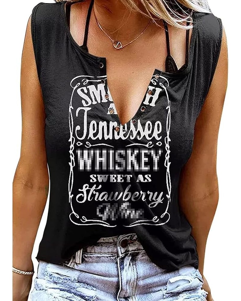 Women's Smooth As Tennessee Whiskey Sweet As Strawberry Wine T Shirt V Neck Ring Hole Short Sleeve Country Music Tee Top Blac...