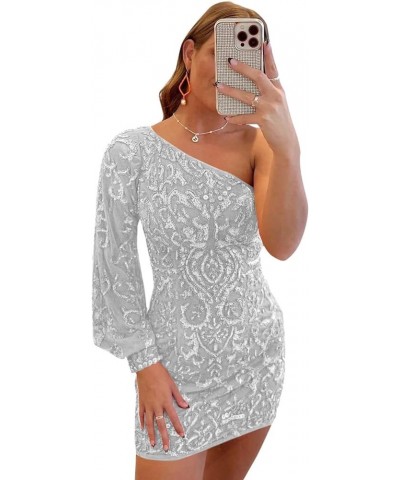 Sequin One Shoulder Homecoming Dresses for Teens 2024 Short Tight Sparkly Lace Prom Mini Cocktail Gown A Silver $31.85 Dresses