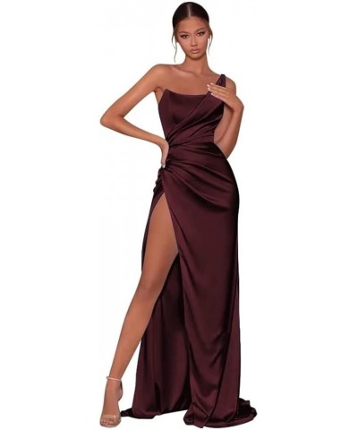 One Shoulder Bridesmaid Dresses Satin Mermaid Long Prom Dresses Bodycon Slit Evening Party Gowns PA382 Burgundy $27.83 Dresses