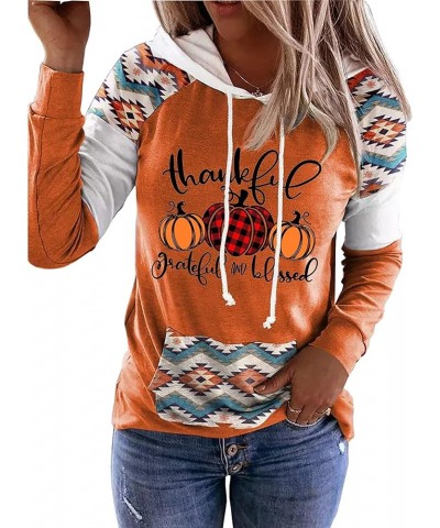 Thanksgiving Thankful Grateful And Blessed Hoodies for Women Fall Plaid Pumpkin Pullovers Shirts Tops Blouses Orange $15.89 H...