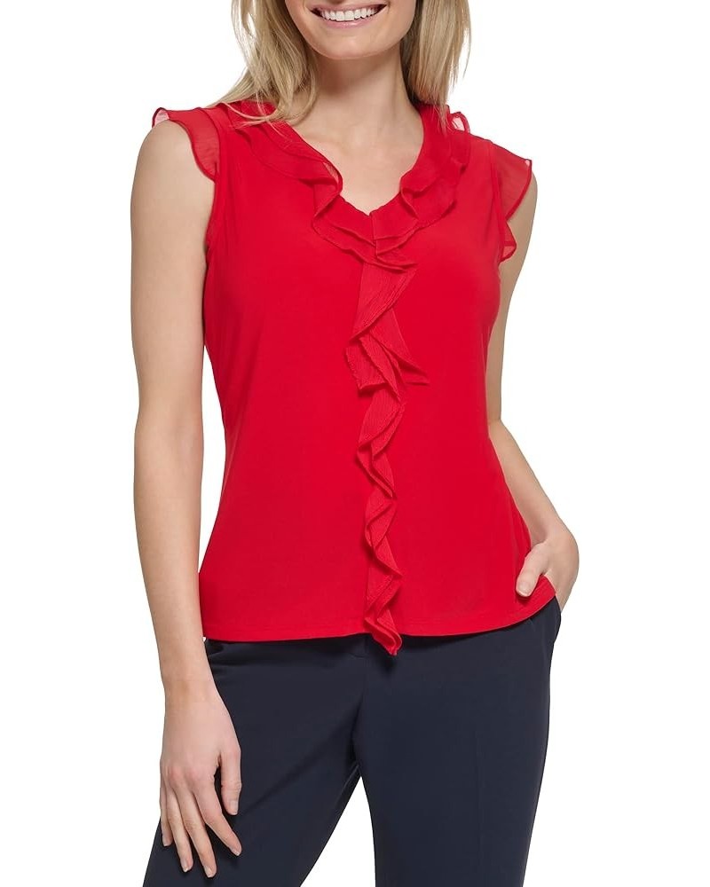 Women's Work Sleeveless Ruffle Front Shirts Scarlet $20.77 Blouses