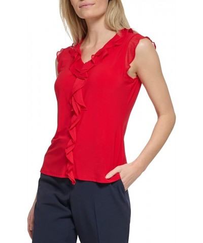 Women's Work Sleeveless Ruffle Front Shirts Scarlet $20.77 Blouses