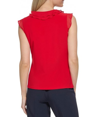 Women's Work Sleeveless Ruffle Front Shirts Scarlet $20.77 Blouses