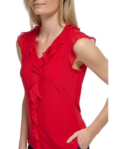 Women's Work Sleeveless Ruffle Front Shirts Scarlet $20.77 Blouses