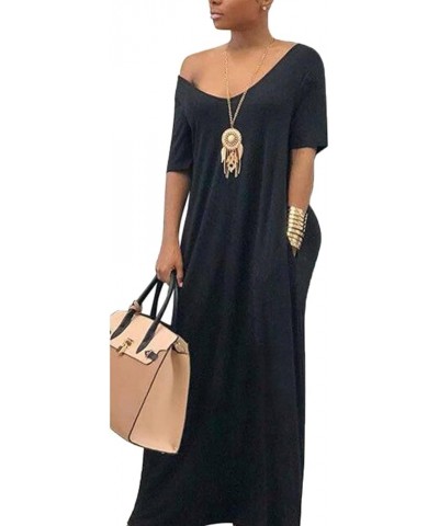 Casual Women Summer Maxi Dress Oversize Solid Color Off Shoulder Short Sleeve Full Length with Pockets Black $12.23 Dresses