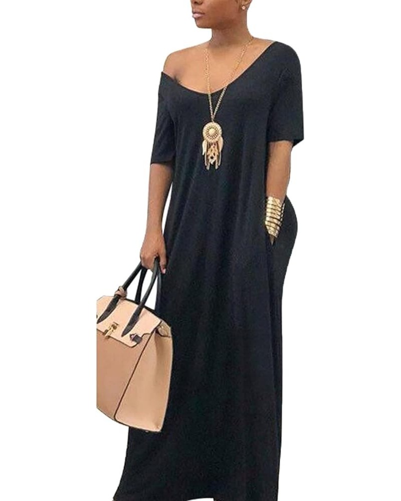 Casual Women Summer Maxi Dress Oversize Solid Color Off Shoulder Short Sleeve Full Length with Pockets Black $12.23 Dresses