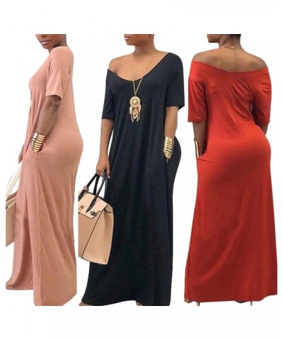 Casual Women Summer Maxi Dress Oversize Solid Color Off Shoulder Short Sleeve Full Length with Pockets Black $12.23 Dresses