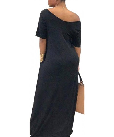 Casual Women Summer Maxi Dress Oversize Solid Color Off Shoulder Short Sleeve Full Length with Pockets Black $12.23 Dresses