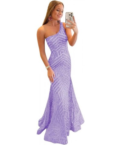 Mermaid Sequin Prom Dress One Shoulder Long Sparkly Formal Evening Ball Gown Pleated for Women Lavender $41.01 Dresses