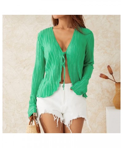 Women Dressy Sheer Cardigan Mesh Flare Long Sleeve Pleated Sexy Collared Shirt Open Front Crop Top Retro Streetwear Green $13...