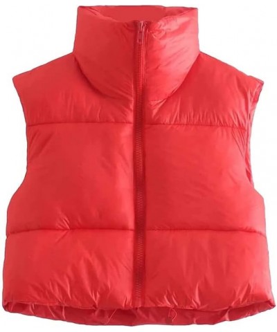 Women’s Crop Puffer Vest Sleeveless Lightweight Down Jacket Quilted Solid Color Outwear Padded Winter Warm Gilet Red $10.25 J...