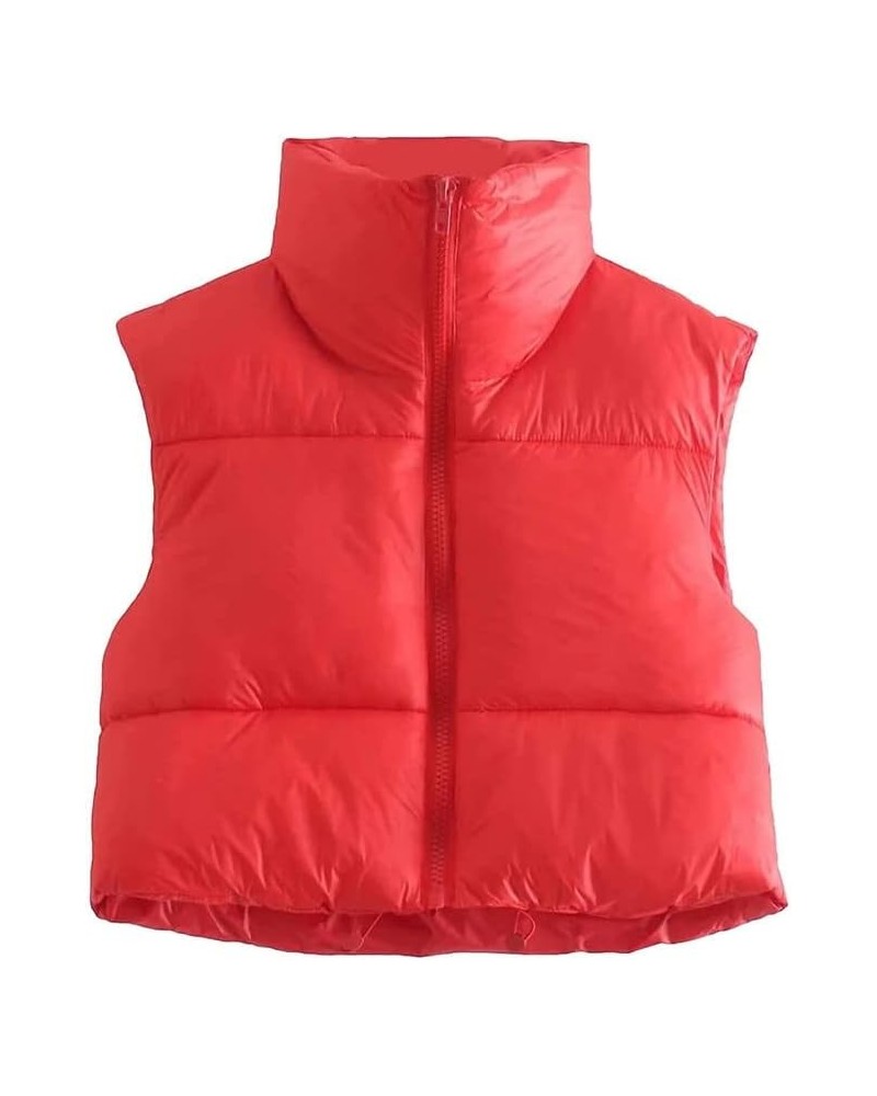 Women’s Crop Puffer Vest Sleeveless Lightweight Down Jacket Quilted Solid Color Outwear Padded Winter Warm Gilet Red $10.25 J...