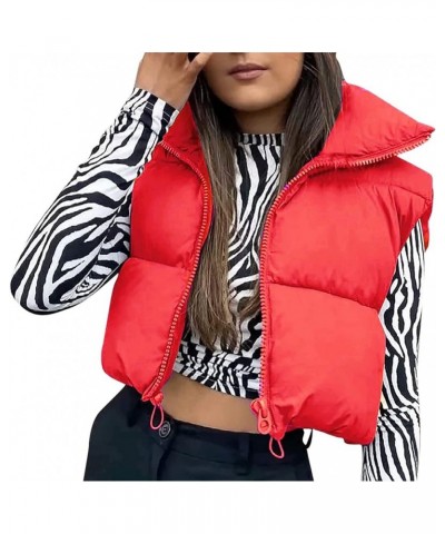 Women’s Crop Puffer Vest Sleeveless Lightweight Down Jacket Quilted Solid Color Outwear Padded Winter Warm Gilet Red $10.25 J...