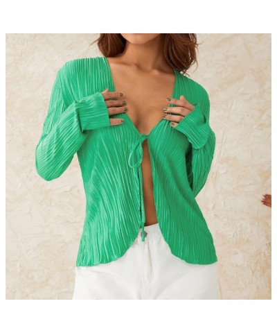 Women Dressy Sheer Cardigan Mesh Flare Long Sleeve Pleated Sexy Collared Shirt Open Front Crop Top Retro Streetwear Green $13...