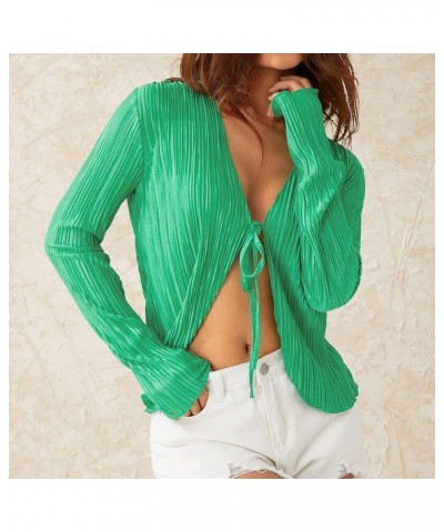 Women Dressy Sheer Cardigan Mesh Flare Long Sleeve Pleated Sexy Collared Shirt Open Front Crop Top Retro Streetwear Green $13...