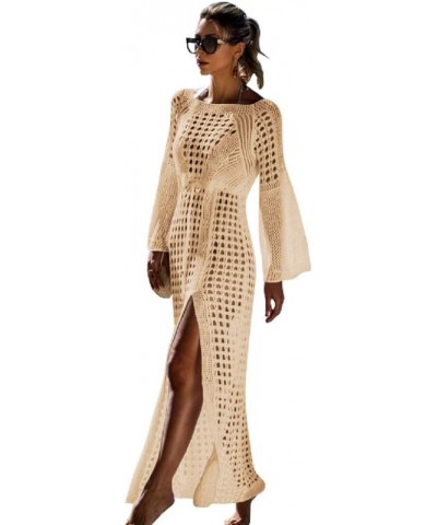 Womens Crochet Beach Wear Cover up Swimwear Bikini Long Maxi Beach Dress Long Sleeve Apricot $10.00 Swimsuits