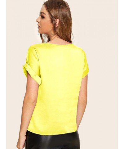 Women's Casual Solid Rolled Cap Short Sleeve Satin Silk Blouse Tops Plain Yellow $14.23 Blouses