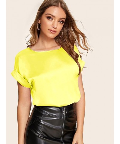 Women's Casual Solid Rolled Cap Short Sleeve Satin Silk Blouse Tops Plain Yellow $14.23 Blouses