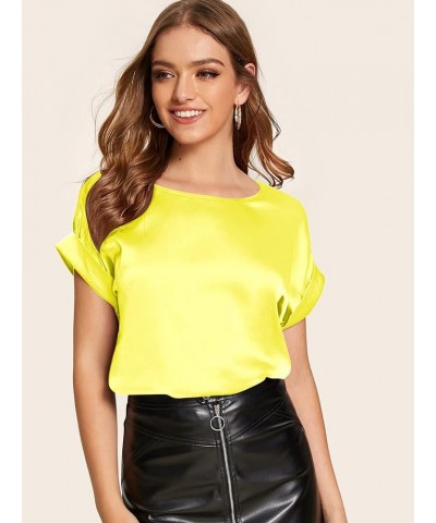 Women's Casual Solid Rolled Cap Short Sleeve Satin Silk Blouse Tops Plain Yellow $14.23 Blouses