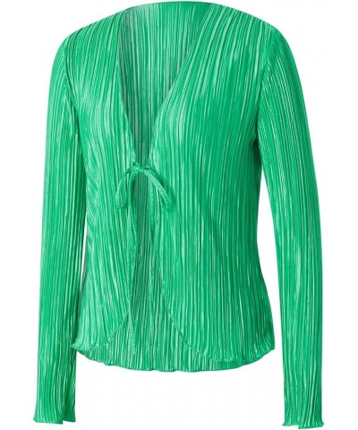 Women Dressy Sheer Cardigan Mesh Flare Long Sleeve Pleated Sexy Collared Shirt Open Front Crop Top Retro Streetwear Green $13...