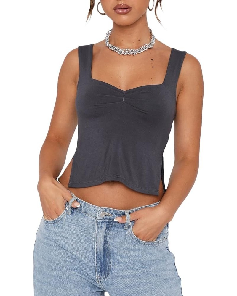 Women Sexy Low Cut Tank Top Ruched Bandage Camisloe Side Split Mini Y2k Tops Cropped Bustier Vest Going Out Grey Medium $9.82...