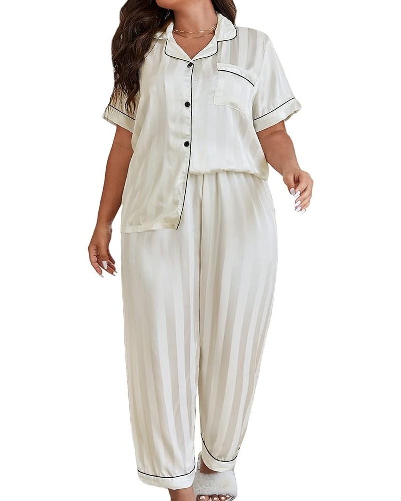 Women's Plus Size Satin Pajama Set Silky Short Sleeve Button Down Tops and Pants Sleepwear Loungewear White $15.99 Sleep & Lo...