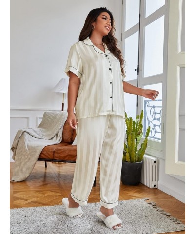 Women's Plus Size Satin Pajama Set Silky Short Sleeve Button Down Tops and Pants Sleepwear Loungewear White $15.99 Sleep & Lo...