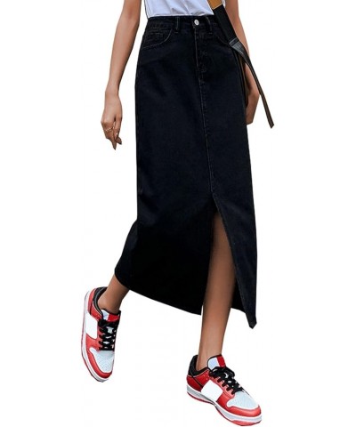 Women's Casual Slit Denim Midi Jean Skirt Button Up Stretch High Waist Frayed with Pockets 01blacka $14.83 Skirts