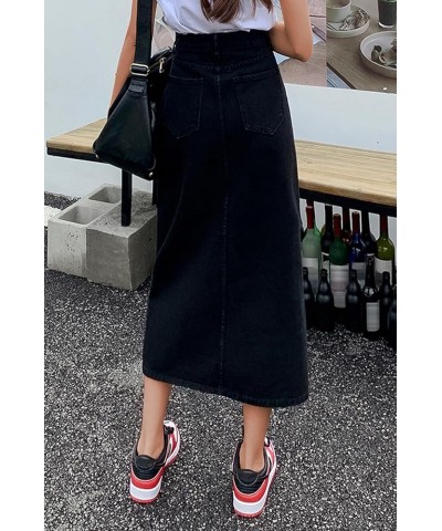 Women's Casual Slit Denim Midi Jean Skirt Button Up Stretch High Waist Frayed with Pockets 01blacka $14.83 Skirts