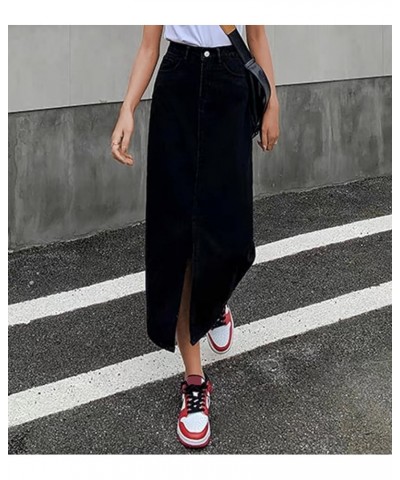 Women's Casual Slit Denim Midi Jean Skirt Button Up Stretch High Waist Frayed with Pockets 01blacka $14.83 Skirts