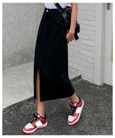 Women's Casual Slit Denim Midi Jean Skirt Button Up Stretch High Waist Frayed with Pockets 01blacka $14.83 Skirts