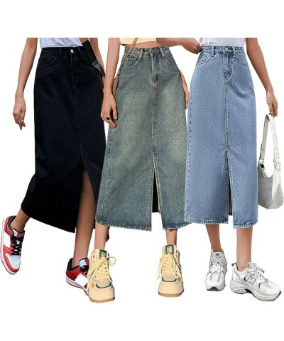 Women's Casual Slit Denim Midi Jean Skirt Button Up Stretch High Waist Frayed with Pockets 01blacka $14.83 Skirts