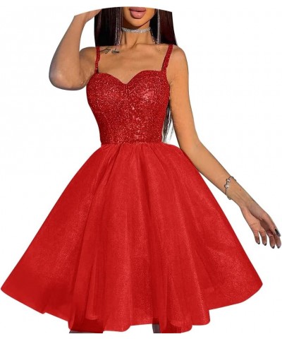 Sparkle Starry Tulle Homecoming Dresses for Teens Prom Dress Short Spaghetti Straps Cocktail Party Gown Red $35.76 Dresses