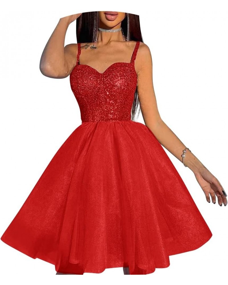 Sparkle Starry Tulle Homecoming Dresses for Teens Prom Dress Short Spaghetti Straps Cocktail Party Gown Red $35.76 Dresses