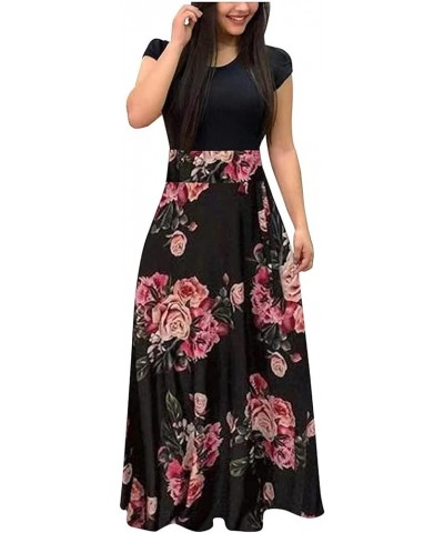 Summer Dresses for Women 2024 Short Sleeve Maxi Dress Bohemian Floral Casual Long Dress Crew Neck Beach Holiday Dress B01-bla...