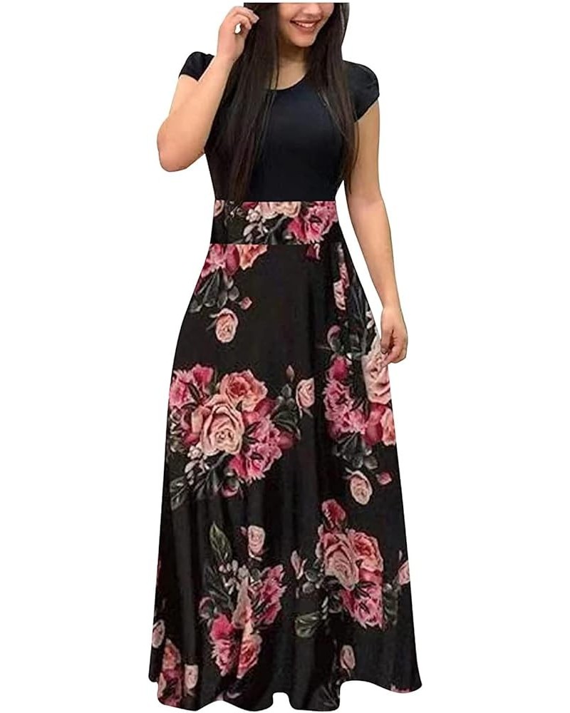 Summer Dresses for Women 2024 Short Sleeve Maxi Dress Bohemian Floral Casual Long Dress Crew Neck Beach Holiday Dress B01-bla...