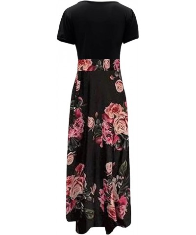 Summer Dresses for Women 2024 Short Sleeve Maxi Dress Bohemian Floral Casual Long Dress Crew Neck Beach Holiday Dress B01-bla...