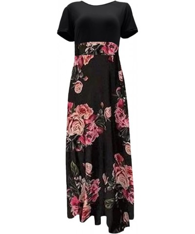 Summer Dresses for Women 2024 Short Sleeve Maxi Dress Bohemian Floral Casual Long Dress Crew Neck Beach Holiday Dress B01-bla...