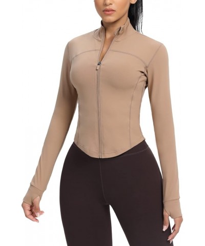 Women's Cropped Running Workout Jackets Zip Slim Fit Athletic Tops with Thumb Holes Cream Coffee $14.70 Jackets