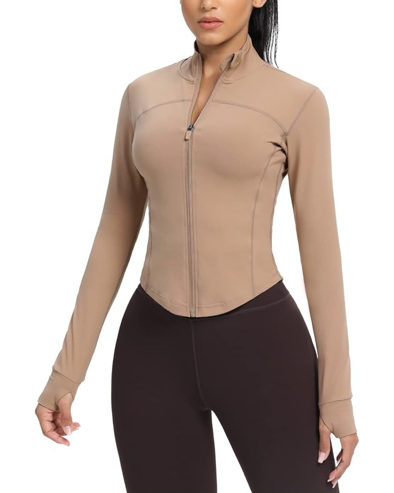 Women's Cropped Running Workout Jackets Zip Slim Fit Athletic Tops with Thumb Holes Cream Coffee $14.70 Jackets