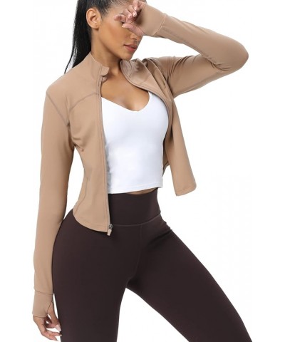 Women's Cropped Running Workout Jackets Zip Slim Fit Athletic Tops with Thumb Holes Cream Coffee $14.70 Jackets