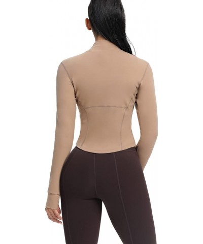 Women's Cropped Running Workout Jackets Zip Slim Fit Athletic Tops with Thumb Holes Cream Coffee $14.70 Jackets