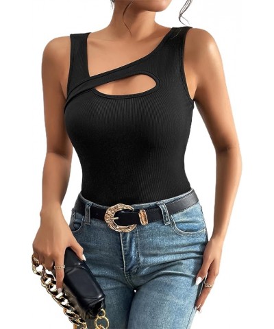 Women's Sexy Rib Thong Bodysuit Cut Out Front Sleeveless Leotard Tops Black B $10.08 Bodysuits