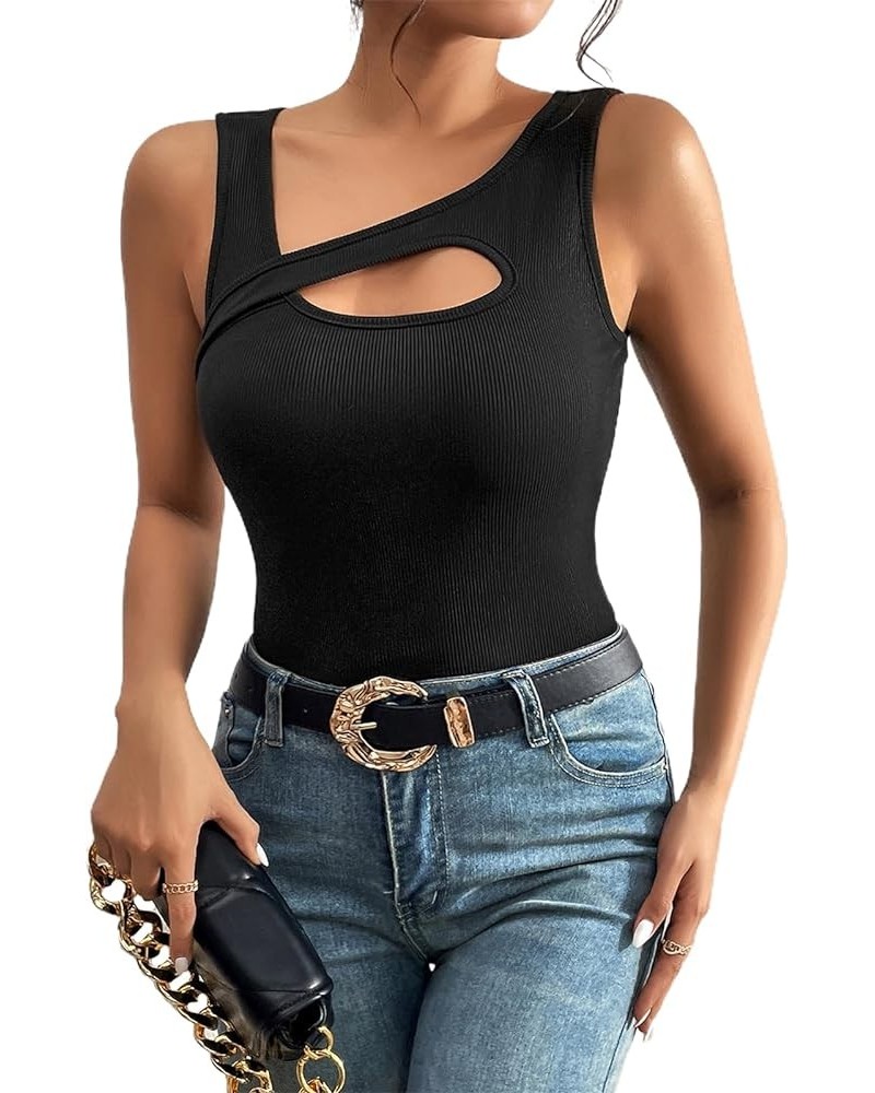 Women's Sexy Rib Thong Bodysuit Cut Out Front Sleeveless Leotard Tops Black B $10.08 Bodysuits