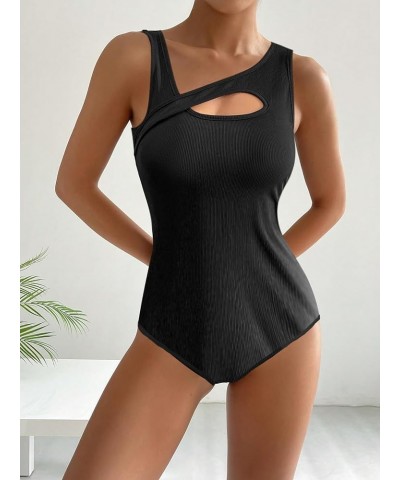 Women's Sexy Rib Thong Bodysuit Cut Out Front Sleeveless Leotard Tops Black B $10.08 Bodysuits