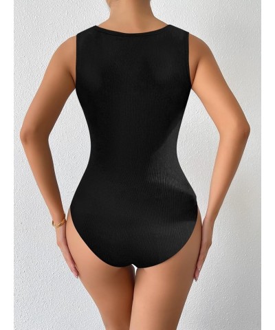 Women's Sexy Rib Thong Bodysuit Cut Out Front Sleeveless Leotard Tops Black B $10.08 Bodysuits