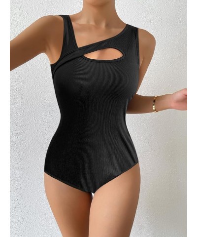 Women's Sexy Rib Thong Bodysuit Cut Out Front Sleeveless Leotard Tops Black B $10.08 Bodysuits