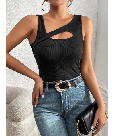 Women's Sexy Rib Thong Bodysuit Cut Out Front Sleeveless Leotard Tops Black B $10.08 Bodysuits