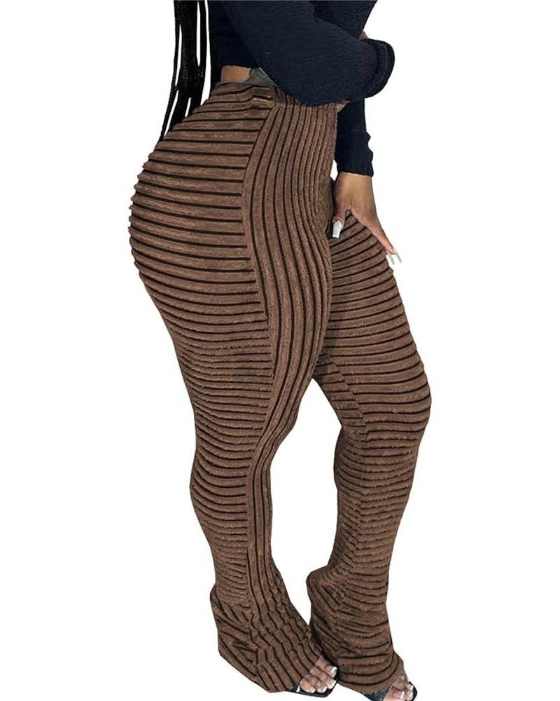 Women Stacked Pants Flare Sweatpants High Waisted Striped Fuzzy Lounge Butt Lifting Leggings Khaki $16.40 Leggings